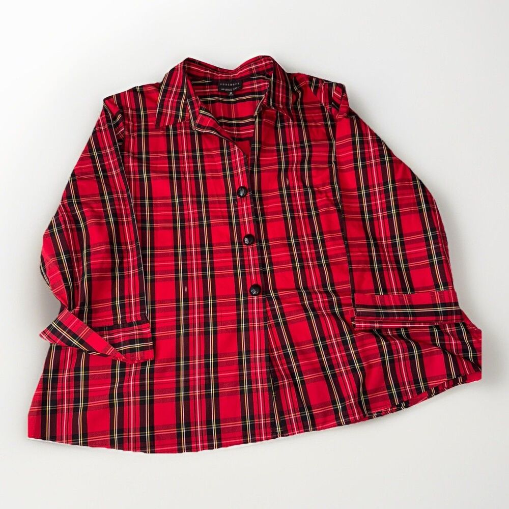Foxcroft Wrinkle Free Shaped Fit Shirt Womens 24W Black Red Plaid Button Up